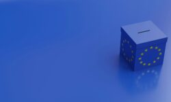 EU voting box, parliament election. Blue ballot box with yellow star on blue background. 3d render