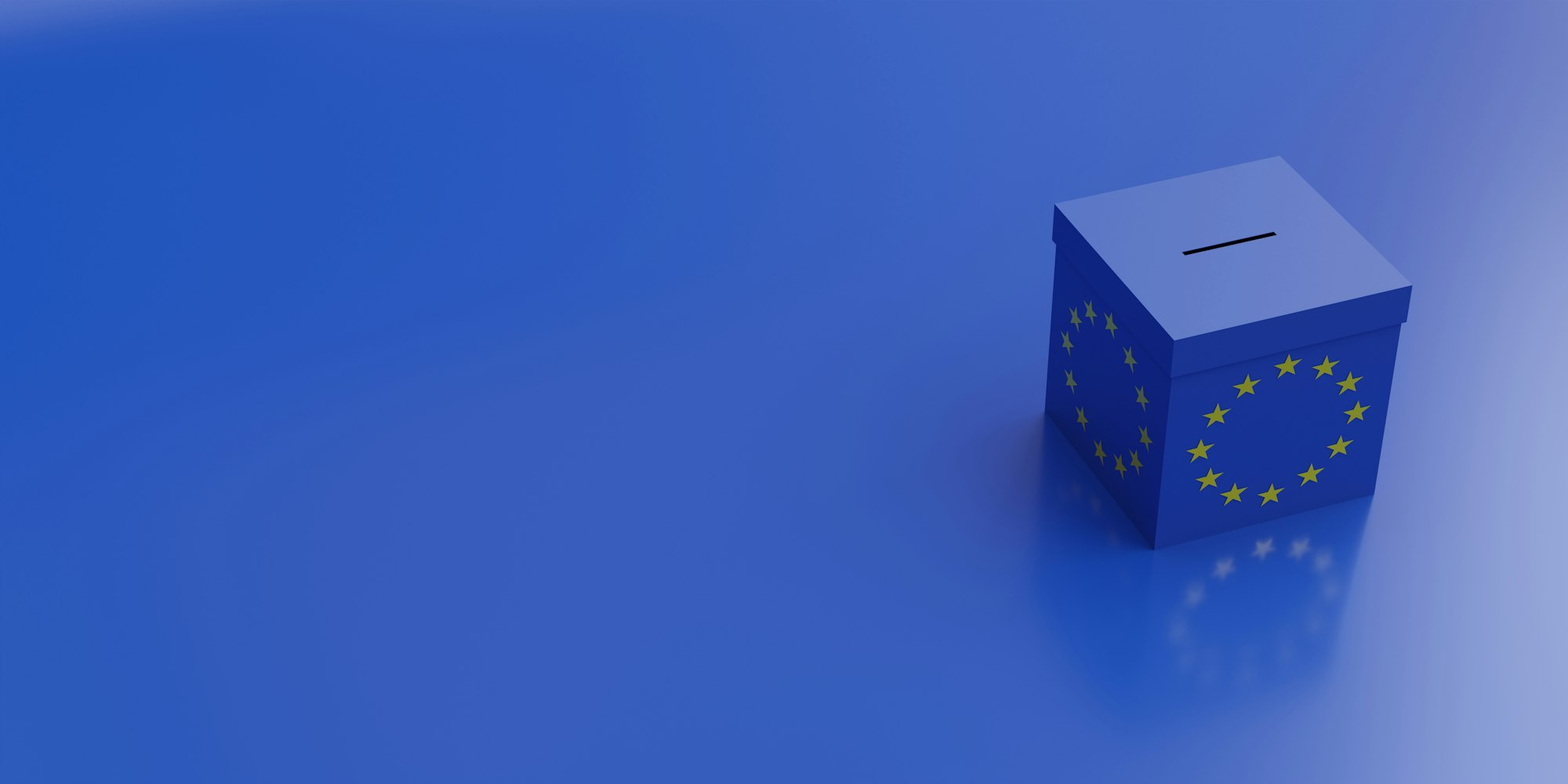 EU voting box, parliament election. Blue ballot box with yellow star on blue background. 3d render