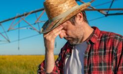 Portrait of serious farmer standing in front of center-pivot irrigation equipment in rapeseed field