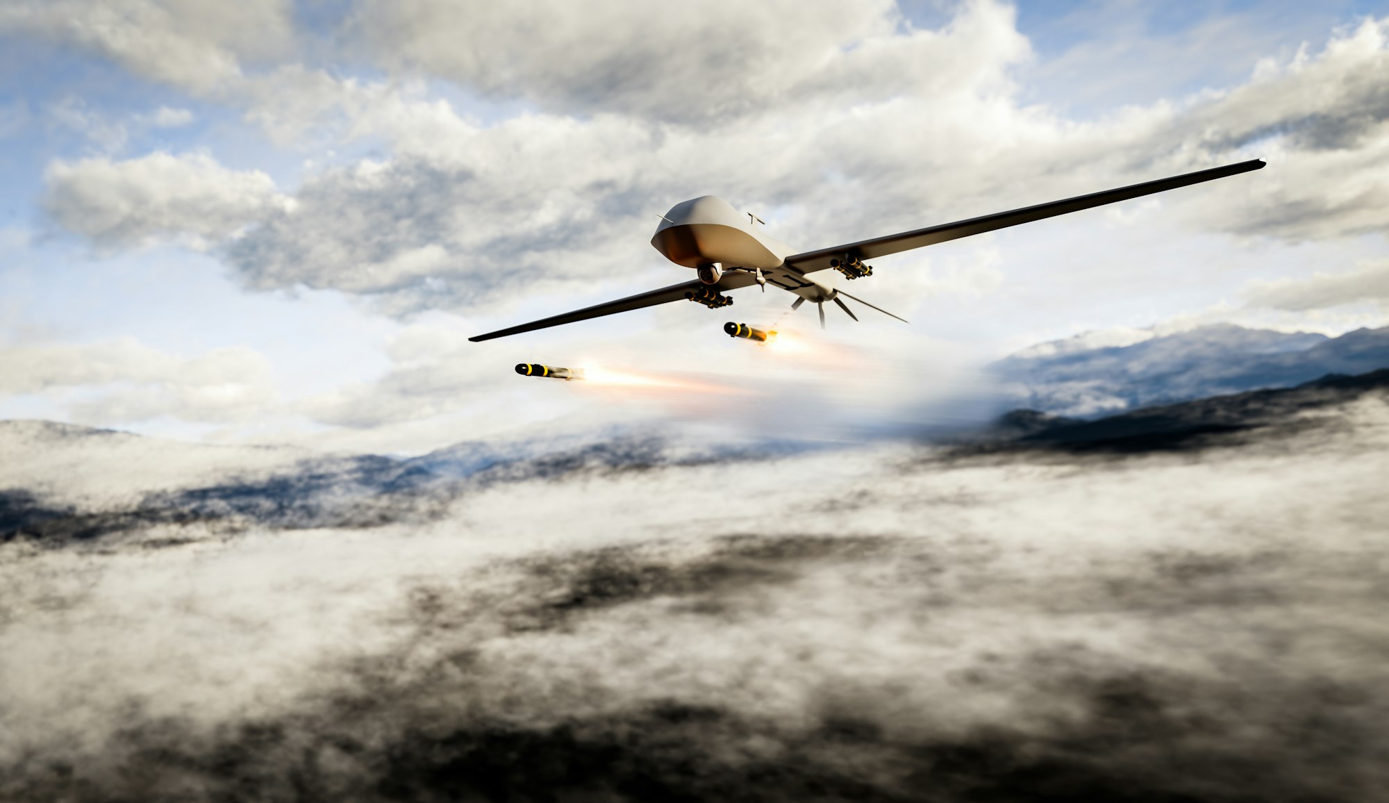 Military combat drone UAV launching missiles